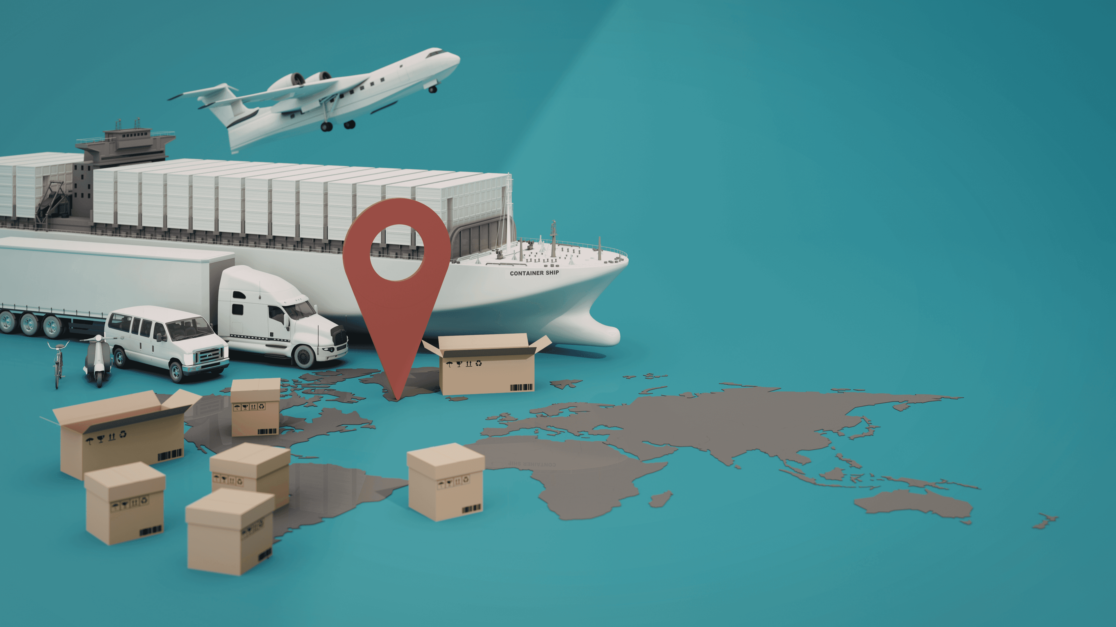 Global logistics illustration with ship, plane, and trucks.